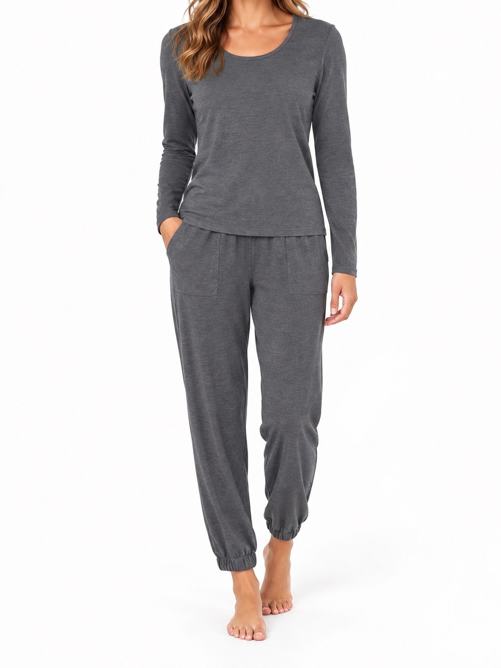 Fabletics RestoreKnit Charcoal Heather Lounge Set Top Joggers M